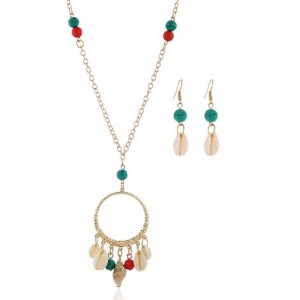 Turquoise Beads Decorated Seashell Tassel Hoop Pendant Design Women Fashion Necklace and Earrings Set - Multicolor