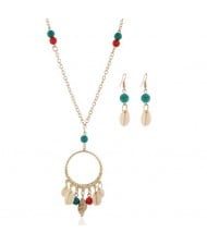 Turquoise Beads Decorated Seashell Tassel Hoop Pendant Design Women Fashion Necklace and Earrings Set - Multicolor