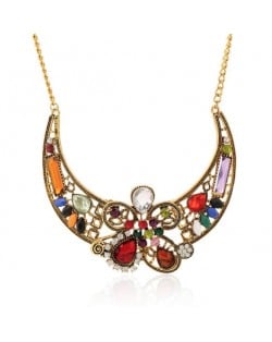 Assorted Colorful Gems Embellished Hollow Floral Arch Design Women Bib Statement Necklace