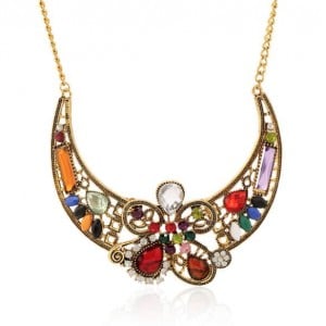 Assorted Colorful Gems Embellished Hollow Floral Arch Design Women Bib Statement Necklace
