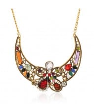 Assorted Colorful Gems Embellished Hollow Floral Arch Design Women Bib Statement Necklace