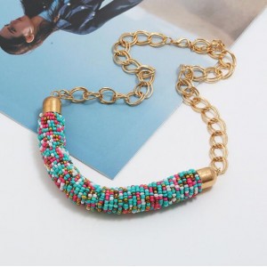 Bohemian Fashion Mini-beads Arch Pendant Bold Chain Women Statement Necklace - Multicolor