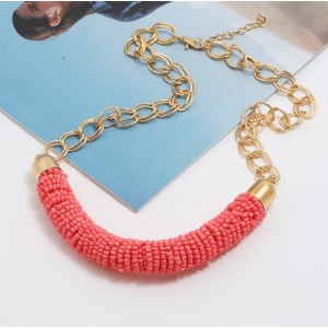 Bohemian Fashion Mini-beads Arch Pendant Bold Chain Women Statement Necklace - Pink