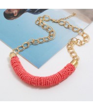 Bohemian Fashion Mini-beads Arch Pendant Bold Chain Women Statement Necklace - Pink