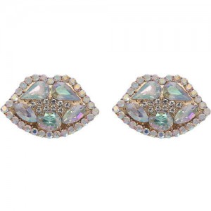 Rhinestone Embellished Lips Design Women Statement Earrings - White