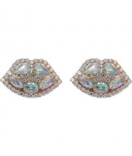 Rhinestone Embellished Lips Design Women Statement Earrings - White