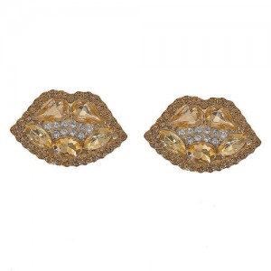 Rhinestone Embellished Lips Design Women Statement Earrings - Champagne
