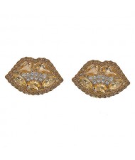 Rhinestone Embellished Lips Design Women Statement Earrings - Champagne