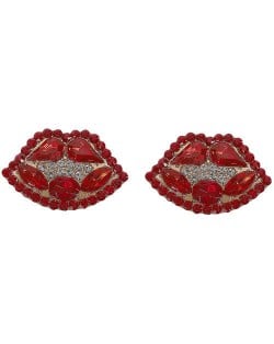 Rhinestone Embellished Lips Design Women Statement Earrings - Red