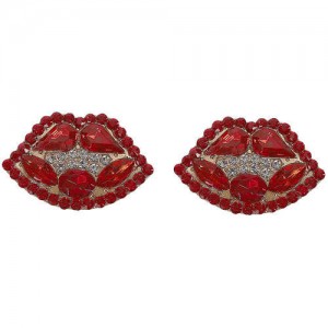 Rhinestone Embellished Lips Design Women Statement Earrings - Red