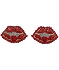 Rhinestone Embellished Lips Design Women Statement Earrings - Red