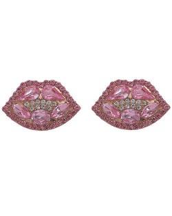 Rhinestone Embellished Lips Design Women Statement Earrings - Pink