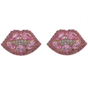 Rhinestone Embellished Lips Design Women Statement Earrings - Pink