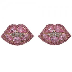 Rhinestone Embellished Lips Design Women Statement Earrings - Pink