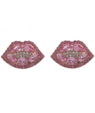 Rhinestone Embellished Lips Design Women Statement Earrings - Pink