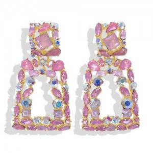 Elegant Rhinestone Geometric Design Women Fashion Earrings - Pink