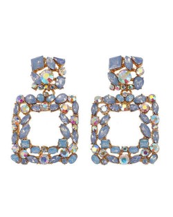 Shining Rhinestone Square Design Women Fashion Statement Earrings - Blue