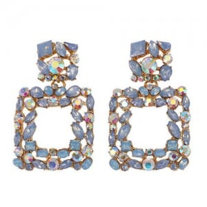 Shining Rhinestone Square Design Women Fashion Statement Earrings - Blue