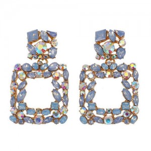 Shining Rhinestone Square Design Women Fashion Statement Earrings - Blue