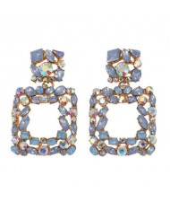 Shining Rhinestone Square Design Women Fashion Statement Earrings - Blue