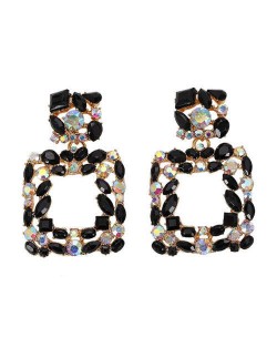 Shining Rhinestone Square Design Women Fashion Statement Earrings - Black