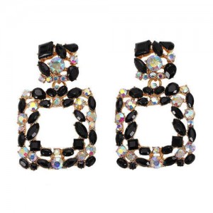 Shining Rhinestone Square Design Women Fashion Statement Earrings - Black