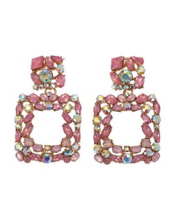 Shining Rhinestone Square Design Women Fashion Statement Earrings - Pink