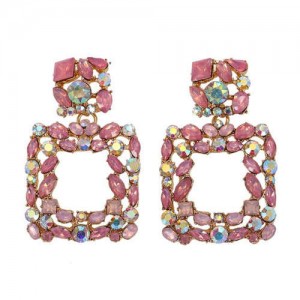 Shining Rhinestone Square Design Women Fashion Statement Earrings - Pink