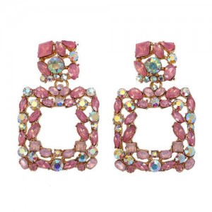 Shining Rhinestone Square Design Women Fashion Statement Earrings - Pink