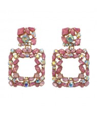 Shining Rhinestone Square Design Women Fashion Statement Earrings - Pink