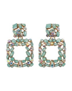 Shining Rhinestone Square Design Women Fashion Statement Earrings - Green