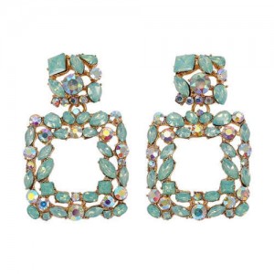 Shining Rhinestone Square Design Women Fashion Statement Earrings - Green