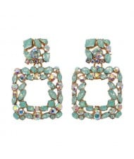 Shining Rhinestone Square Design Women Fashion Statement Earrings - Green