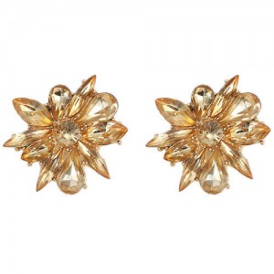Glistening Rhinestone Flower High Fashion Women Statement Earrings - Champagne