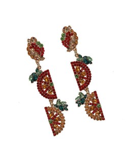 Rhinestone Fruit Theme Shining Fashion Women Statement Earrings - Red