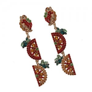 Rhinestone Fruit Theme Shining Fashion Women Statement Earrings - Red
