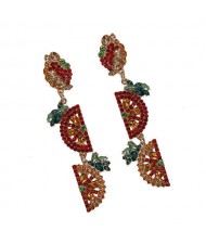 Rhinestone Fruit Theme Shining Fashion Women Statement Earrings - Red
