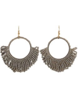 Mini Beads Tassel Bohemian Hoop Fashion Women Statement Earrings - Gray