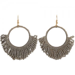 Mini Beads Tassel Bohemian Hoop Fashion Women Statement Earrings - Gray