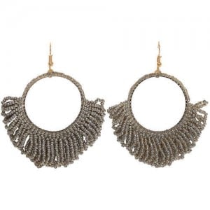 Mini Beads Tassel Bohemian Hoop Fashion Women Statement Earrings - Gray