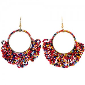 Mini Beads Tassel Bohemian Hoop Fashion Women Statement Earrings - Multicolor