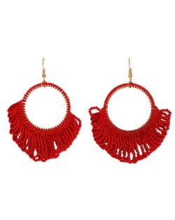 Mini Beads Tassel Bohemian Hoop Fashion Women Statement Earrings - Red