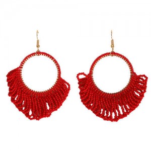 Mini Beads Tassel Bohemian Hoop Fashion Women Statement Earrings - Red
