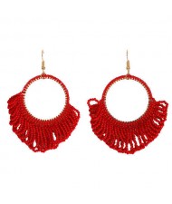 Mini Beads Tassel Bohemian Hoop Fashion Women Statement Earrings - Red