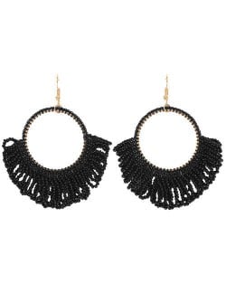 Mini Beads Tassel Bohemian Hoop Fashion Women Statement Earrings - Black