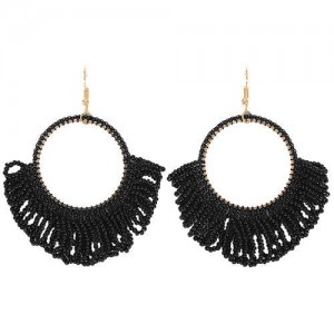 Mini Beads Tassel Bohemian Hoop Fashion Women Statement Earrings - Black