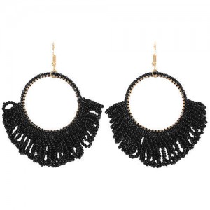 Mini Beads Tassel Bohemian Hoop Fashion Women Statement Earrings - Black