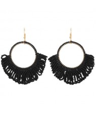 Mini Beads Tassel Bohemian Hoop Fashion Women Statement Earrings - Black