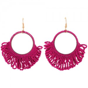 Mini Beads Tassel Bohemian Hoop Fashion Women Statement Earrings - Rose