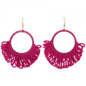 Mini Beads Tassel Bohemian Hoop Fashion Women Statement Earrings - Rose